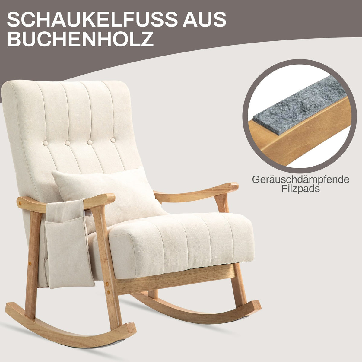 Rocking chair padded rocking chair with lumbar cushion side pocket relaxation chair wooden frame linen look for living room bedroom beige
