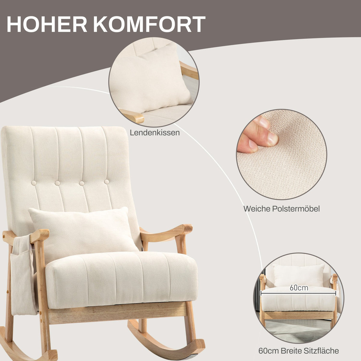 Rocking chair padded rocking chair with lumbar cushion side pocket relaxation chair wooden frame linen look for living room bedroom beige