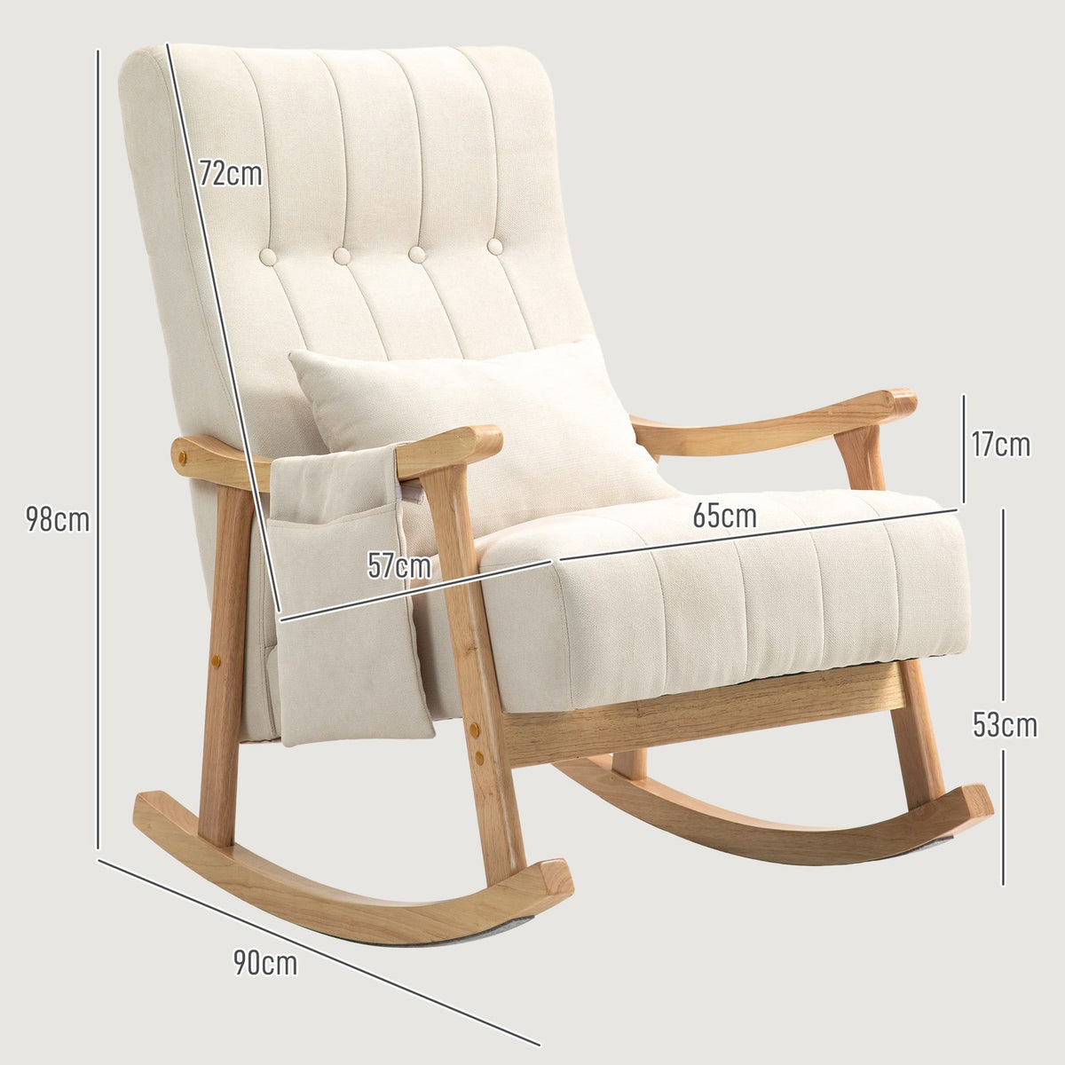 Rocking chair padded rocking chair with lumbar cushion side pocket relaxation chair wooden frame linen look for living room bedroom beige