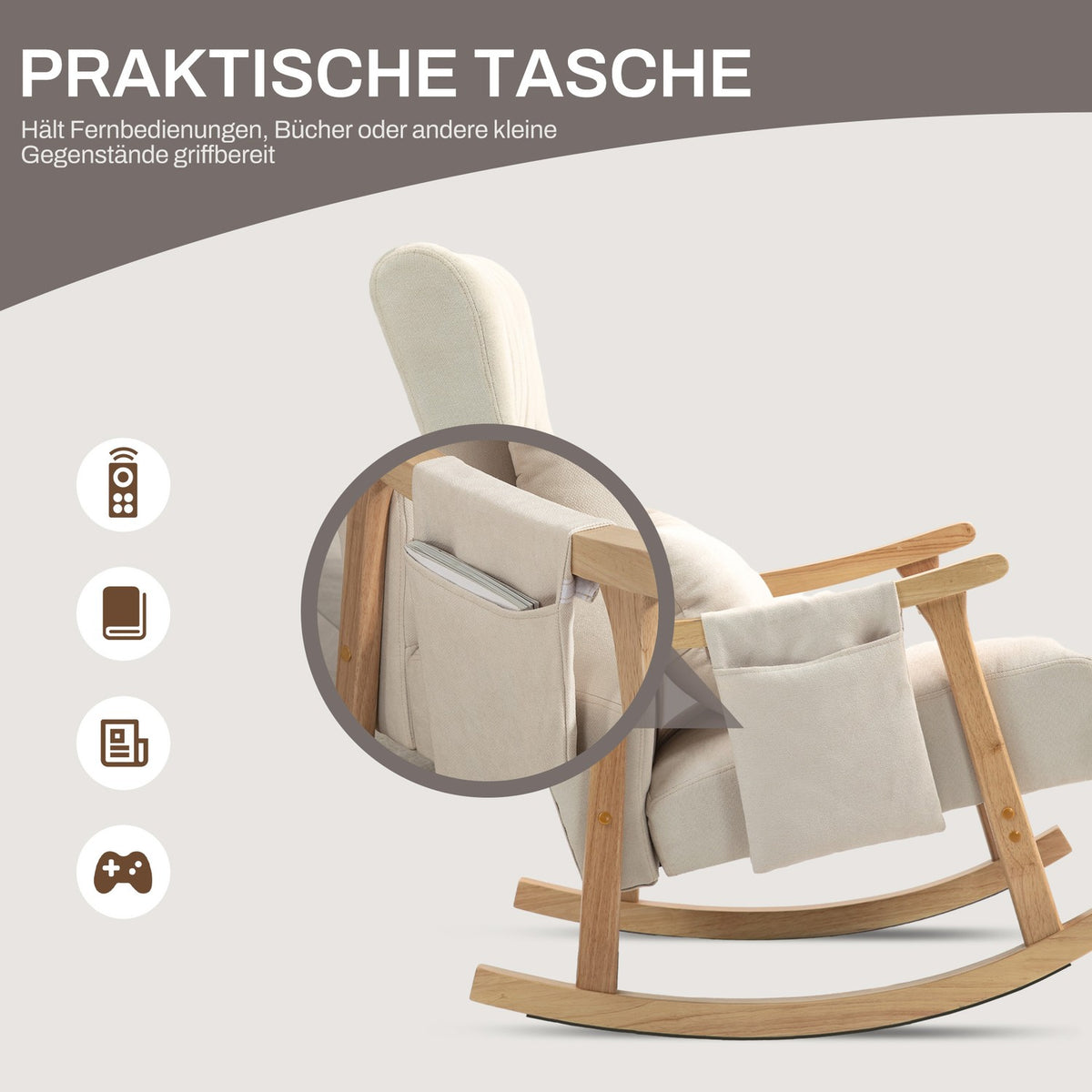 Rocking chair padded rocking chair with lumbar cushion side pocket relaxation chair wooden frame linen look for living room bedroom beige