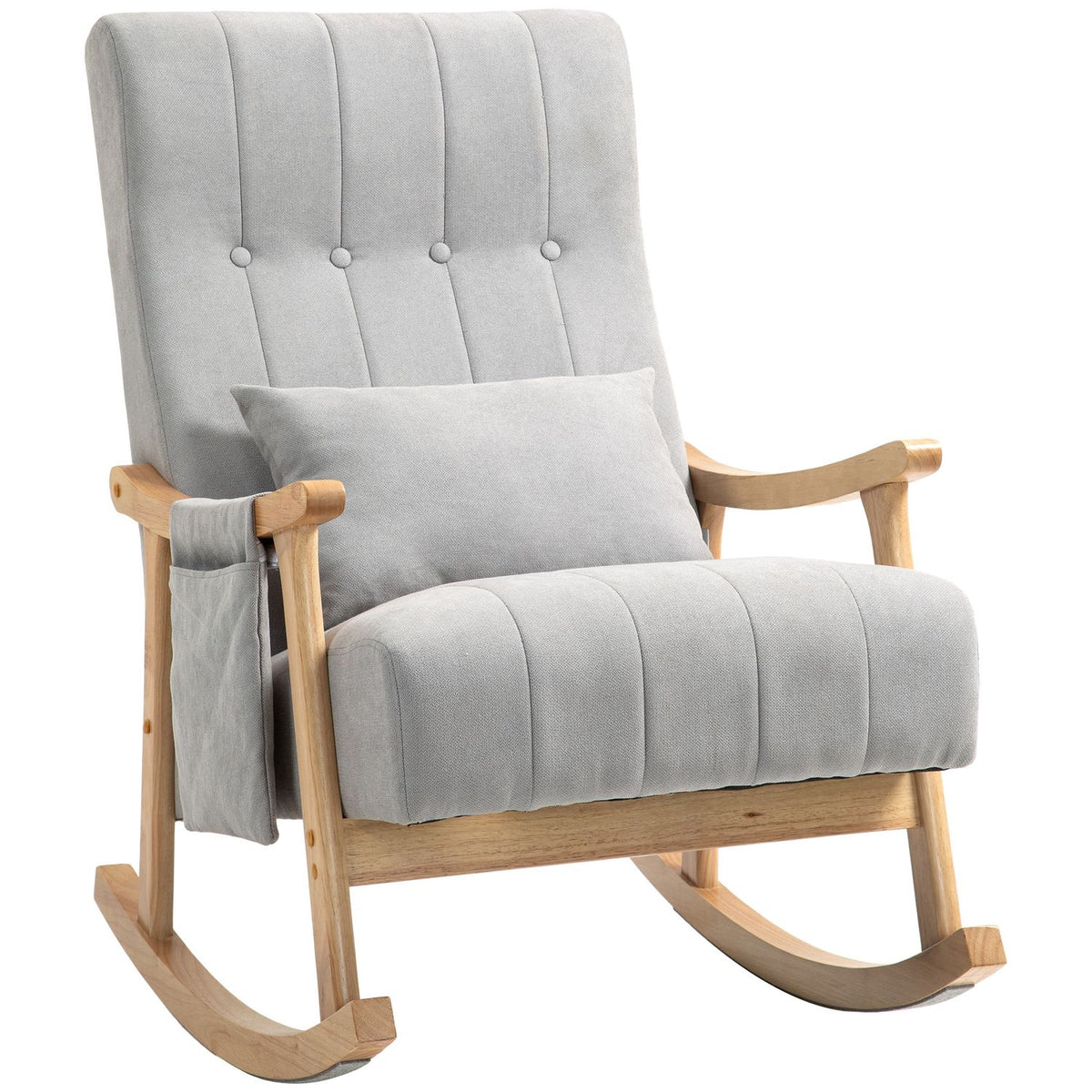 Rocking chair padded rocking chair with lumbar cushion side pocket relaxation chair wooden frame linen look for living room bedroom gray