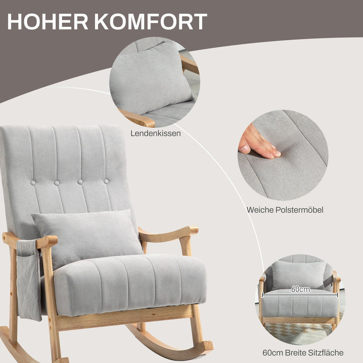 Rocking chair padded rocking chair with lumbar cushion side pocket relaxation chair wooden frame linen look for living room bedroom gray