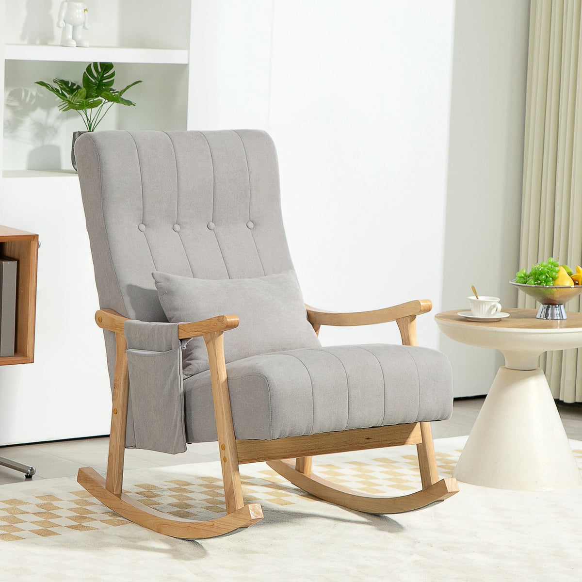 Rocking chair padded rocking chair with lumbar cushion side pocket relaxation chair wooden frame linen look for living room bedroom gray
