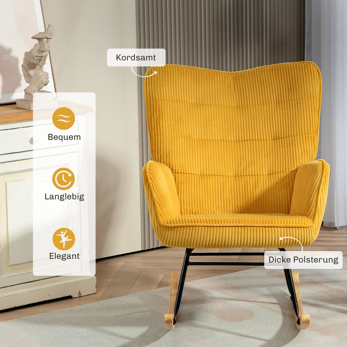 Rocking chair, rocking chair with Berber fleece look, armrest, armchair with wooden runners, relaxation chair for living room, bedroom, yellow