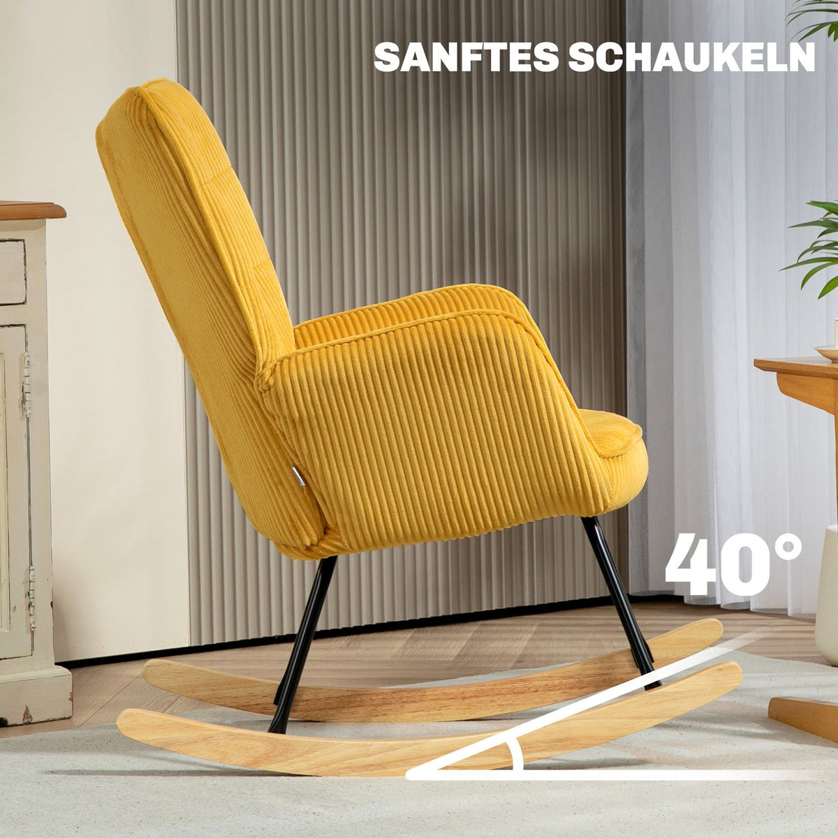 Rocking chair, rocking chair with Berber fleece look, armrest, armchair with wooden runners, relaxation chair for living room, bedroom, yellow