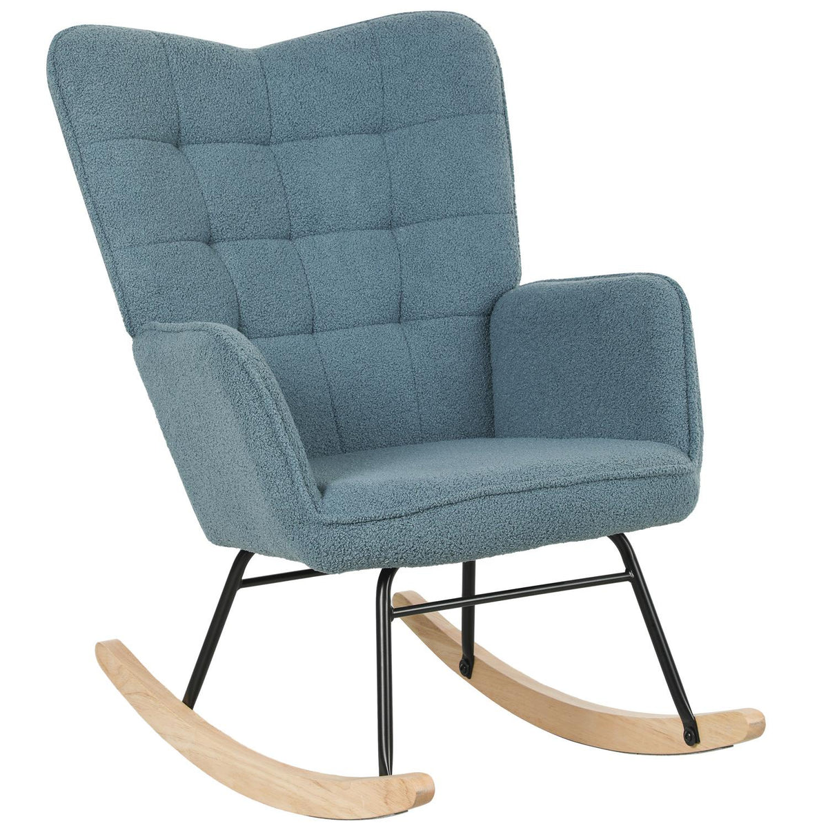 Rocking chair, rocking chair with Berber fleece look, armrest, padded chair with wooden runners, relaxation chair for living room, bedroom, load capacity up to 120kg, light blue