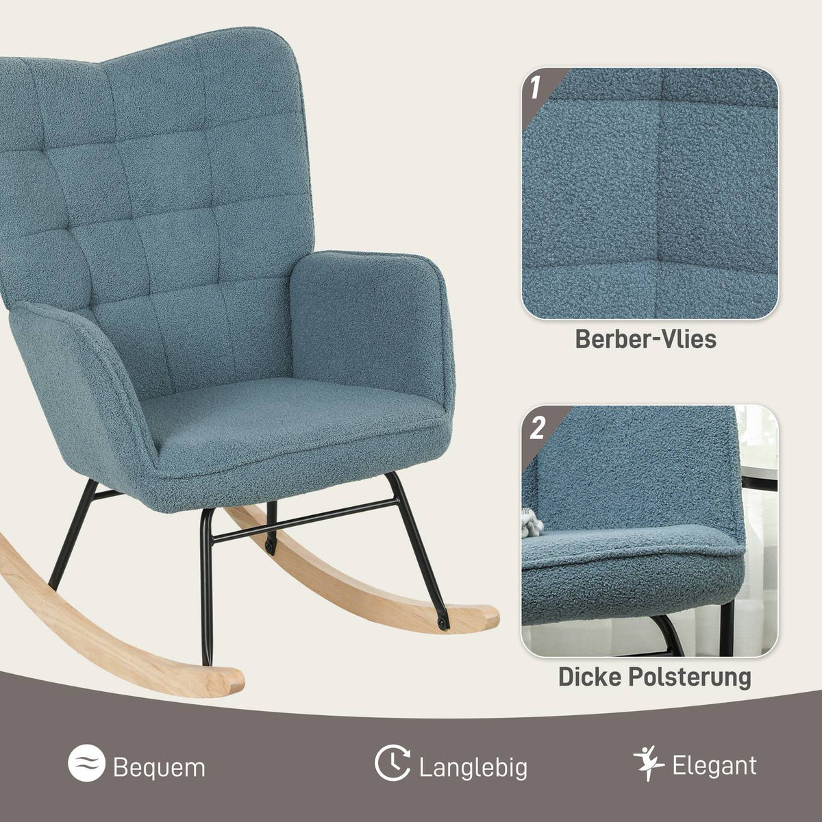 Rocking chair, rocking chair with Berber fleece look, armrest, padded chair with wooden runners, relaxation chair for living room, bedroom, load capacity up to 120kg, light blue