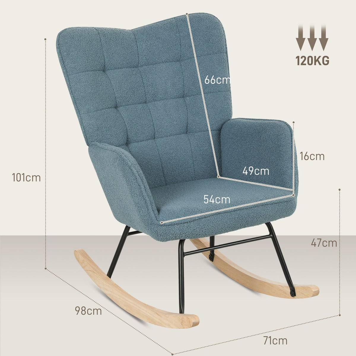 Rocking chair, rocking chair with Berber fleece look, armrest, padded chair with wooden runners, relaxation chair for living room, bedroom, load capacity up to 120kg, light blue