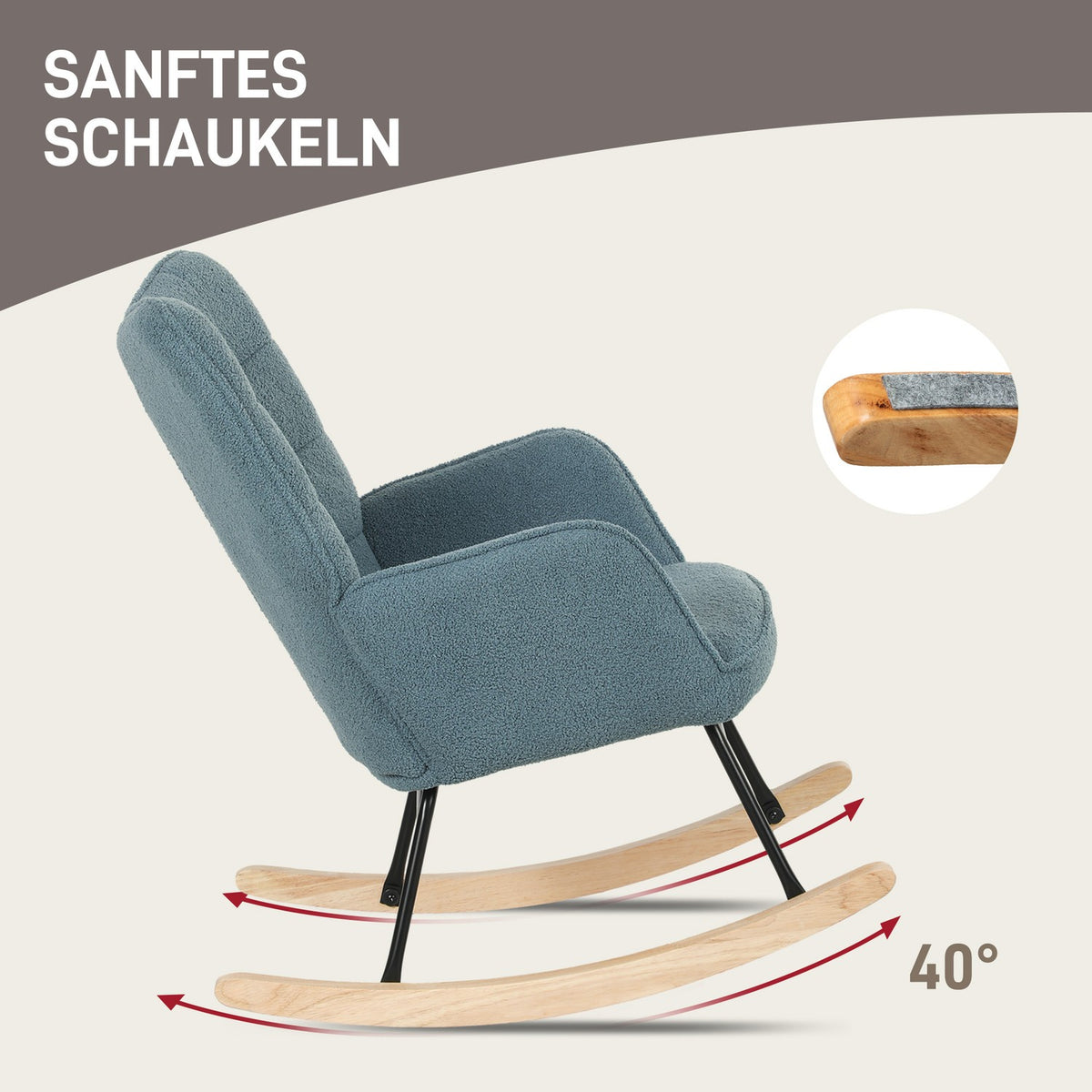 Rocking chair, rocking chair with Berber fleece look, armrest, padded chair with wooden runners, relaxation chair for living room, bedroom, load capacity up to 120kg, light blue