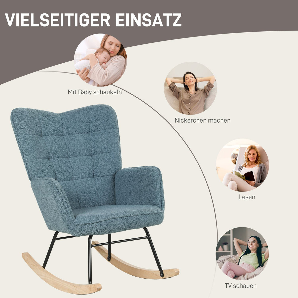 Rocking chair, rocking chair with Berber fleece look, armrest, padded chair with wooden runners, relaxation chair for living room, bedroom, load capacity up to 120kg, light blue