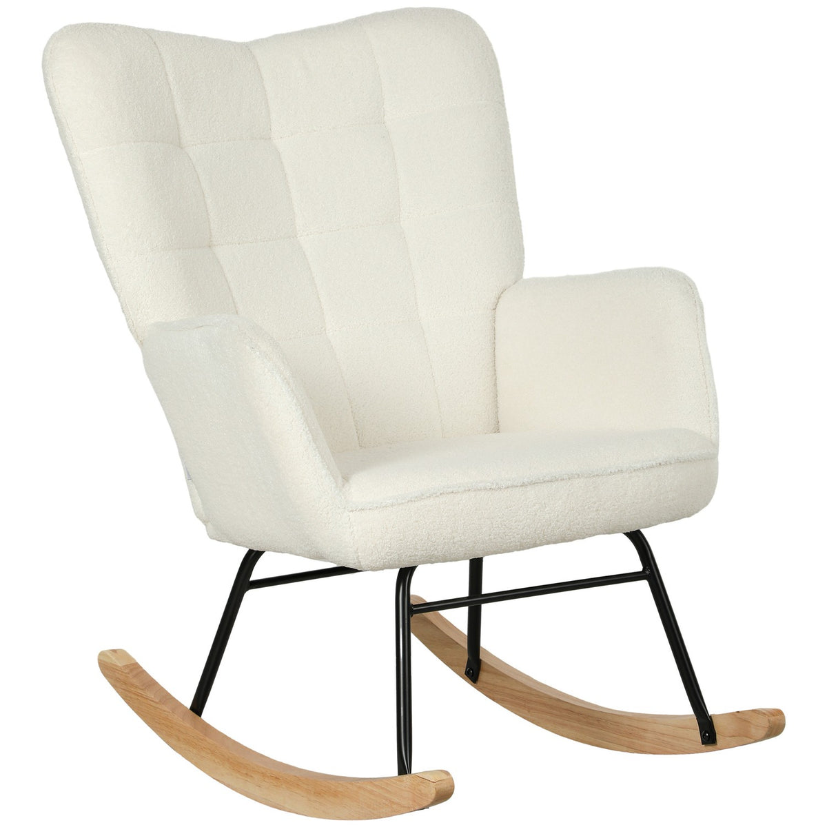 Rocking chair, rocking chair with Berber fleece look, armrest, padded chair with wooden runners, relaxation chair for living room, bedroom, load capacity up to 120kg, white