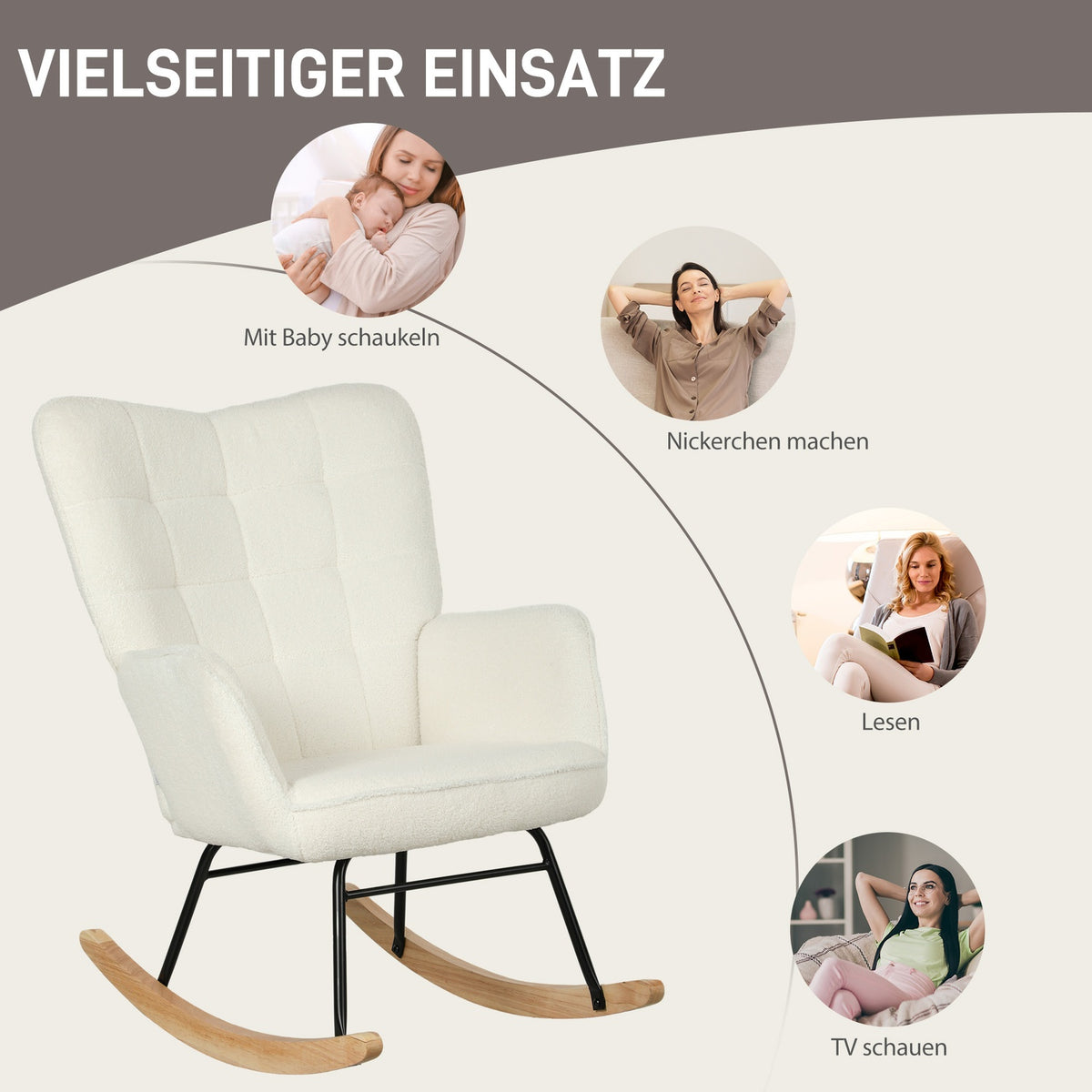 Rocking chair, rocking chair with Berber fleece look, armrest, padded chair with wooden runners, relaxation chair for living room, bedroom, load capacity up to 120kg, white