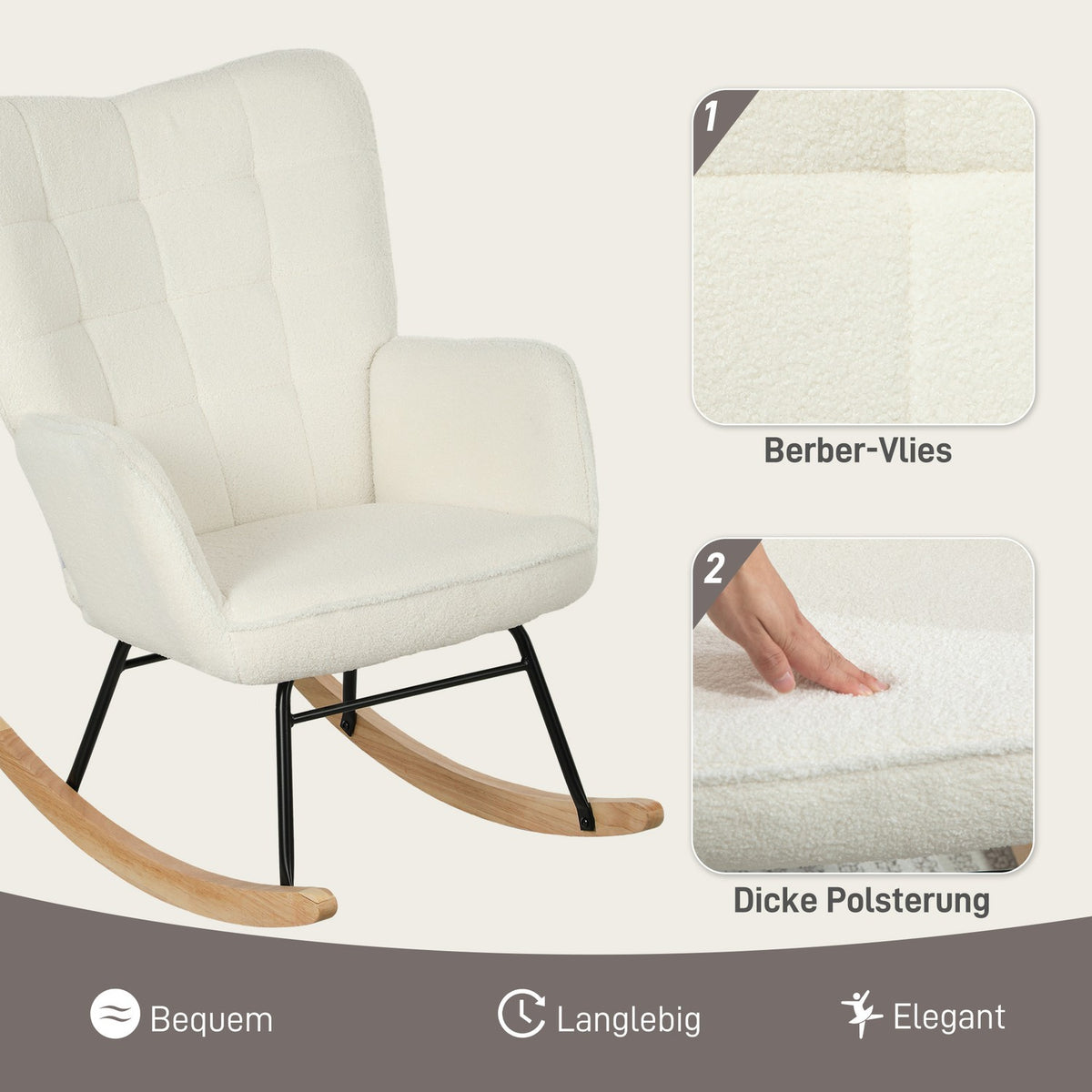 Rocking chair, rocking chair with Berber fleece look, armrest, padded chair with wooden runners, relaxation chair for living room, bedroom, load capacity up to 120kg, white