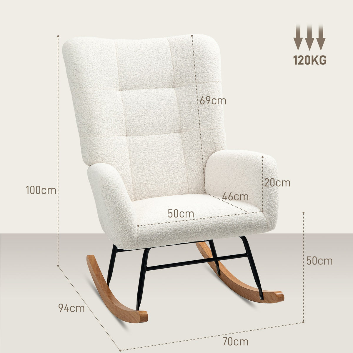 Rocking chair, rocking chair with armrests, teddy velvet look, relaxation chair with wooden runners, swing chair, nursing chair for bedroom, living room, cream white