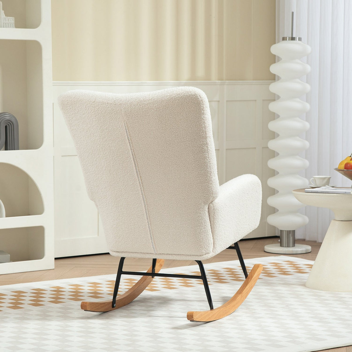 Rocking chair, rocking chair with armrests, teddy velvet look, relaxation chair with wooden runners, swing chair, nursing chair for bedroom, living room, cream white