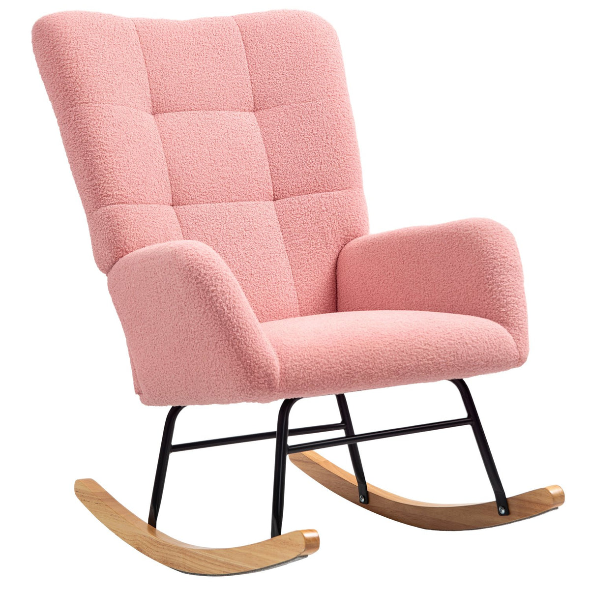 Rocking chair, rocking chair with armrests, teddy velvet look, relaxation chair with wooden runners, swing chair, nursing chair for bedroom, living room, pink
