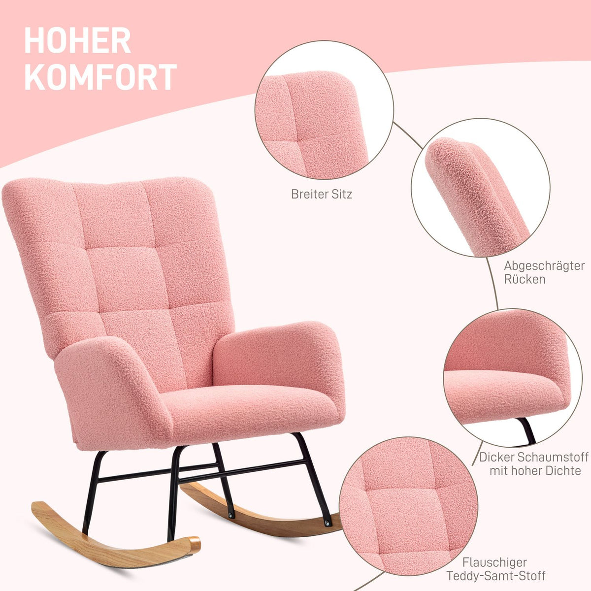 Rocking chair, rocking chair with armrests, teddy velvet look, relaxation chair with wooden runners, swing chair, nursing chair for bedroom, living room, pink