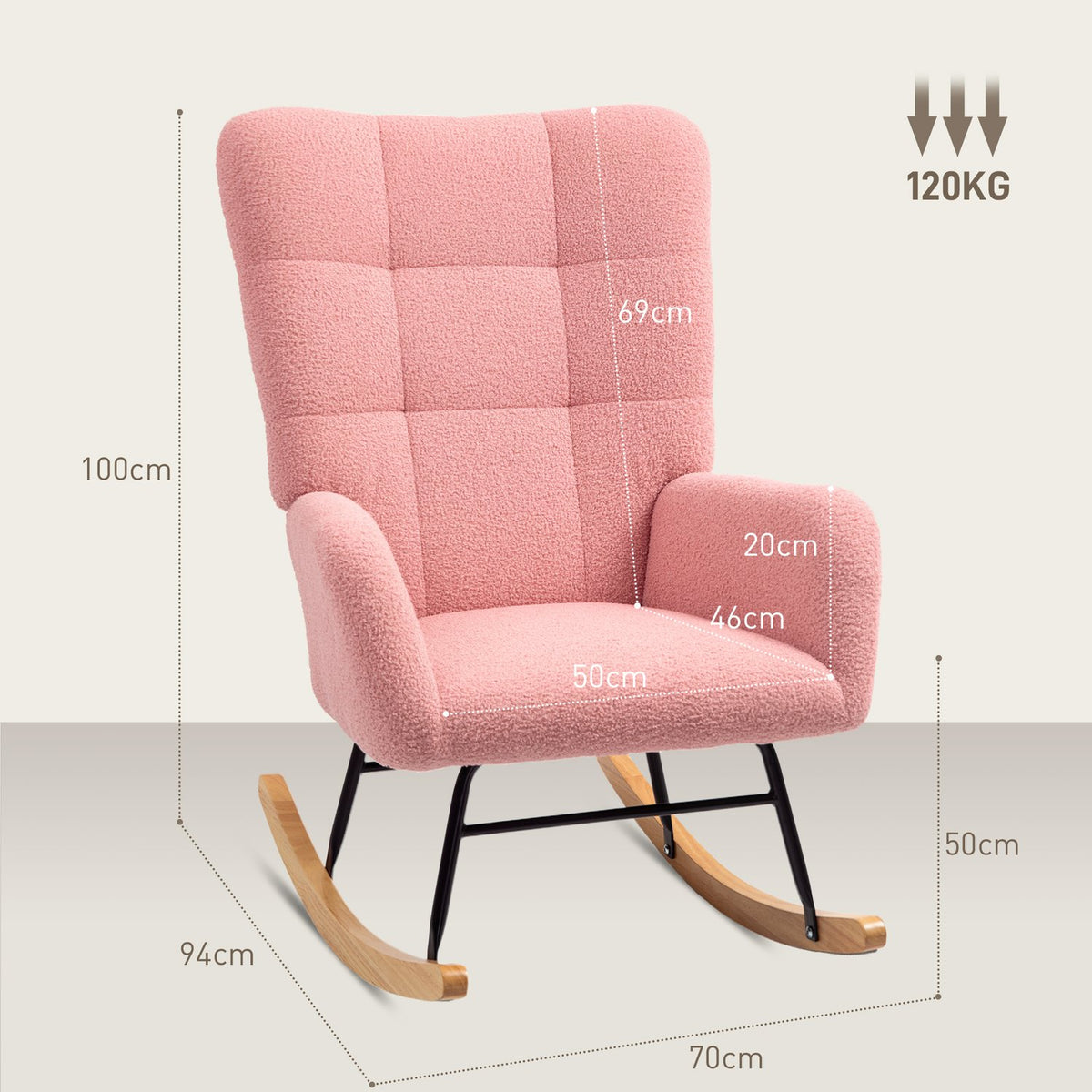 Rocking chair, rocking chair with armrests, teddy velvet look, relaxation chair with wooden runners, swing chair, nursing chair for bedroom, living room, pink