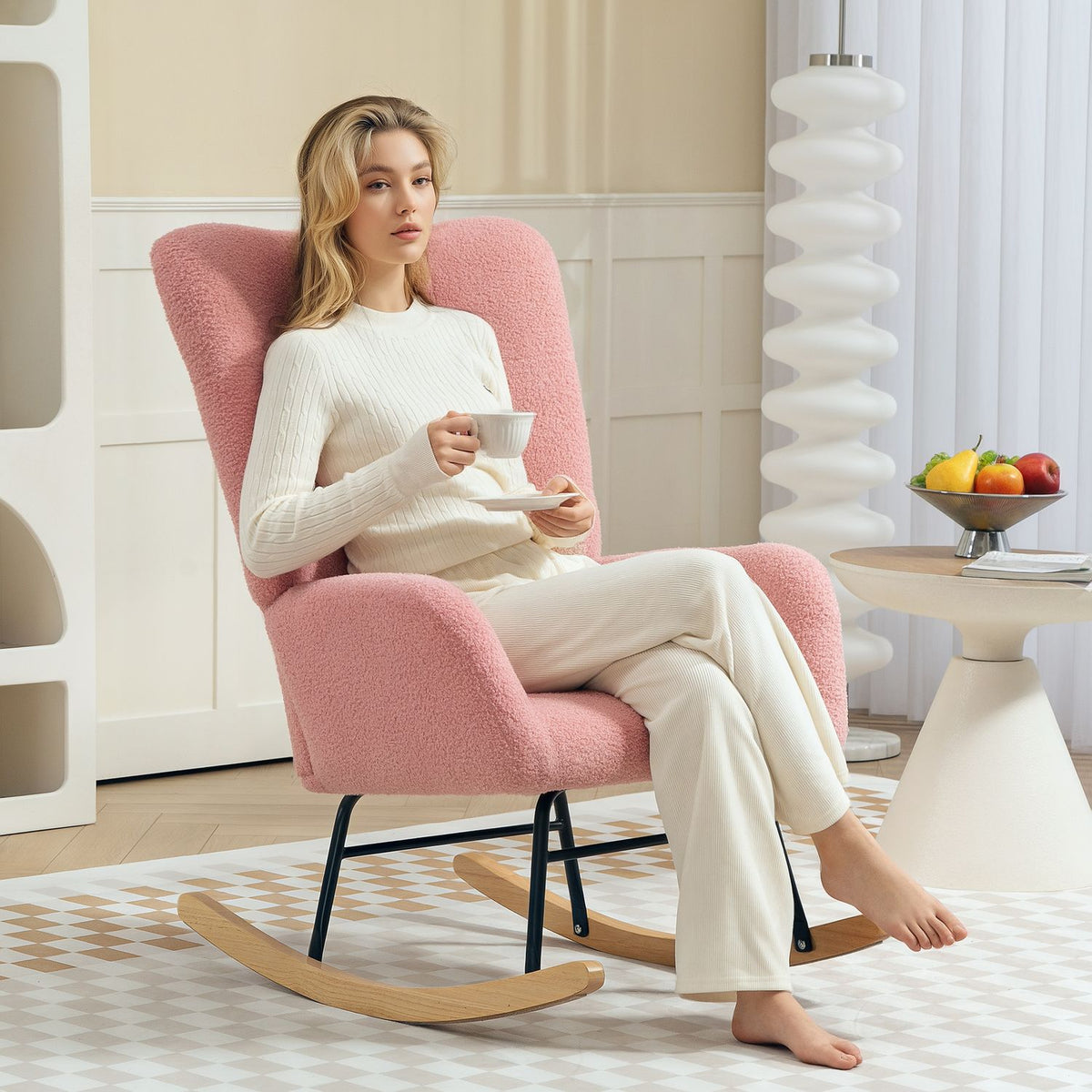 Rocking chair, rocking chair with armrests, teddy velvet look, relaxation chair with wooden runners, swing chair, nursing chair for bedroom, living room, pink
