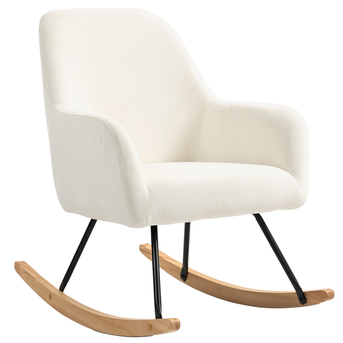 Rocking chair, rocking chair with armrests, wooden runners, relaxation chair, armchair with velvet look, relaxation chair, swing chair for bedroom, living room, balcony, cream white