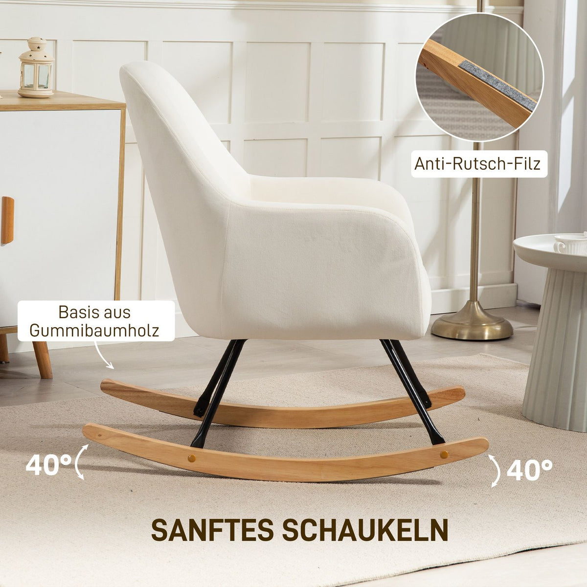 Rocking chair, rocking chair with armrests, wooden runners, relaxation chair, armchair with velvet look, relaxation chair, swing chair for bedroom, living room, balcony, cream white