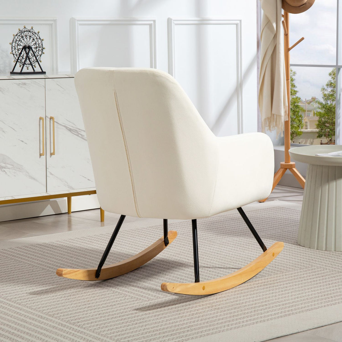 Rocking chair, rocking chair with armrests, wooden runners, relaxation chair, armchair with velvet look, relaxation chair, swing chair for bedroom, living room, balcony, cream white