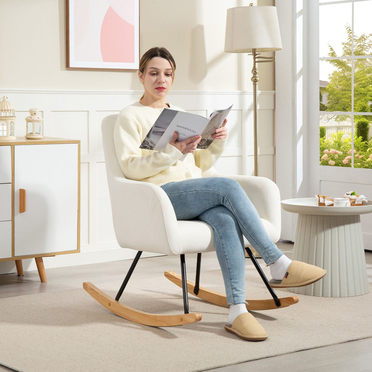 Rocking chair, rocking chair with armrests, wooden runners, relaxation chair, armchair with velvet look, relaxation chair, swing chair for bedroom, living room, balcony, cream white