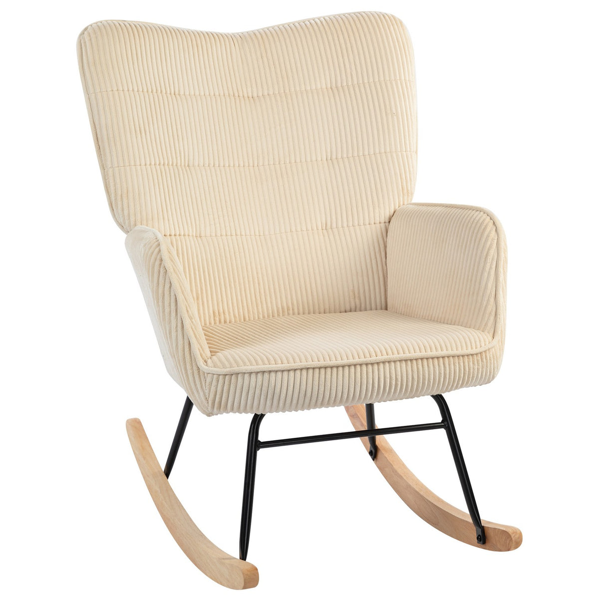 Rocking chair, rocking chair with cord look, armrest, armchair with wooden runners, relaxation chair for living room, bedroom, beige