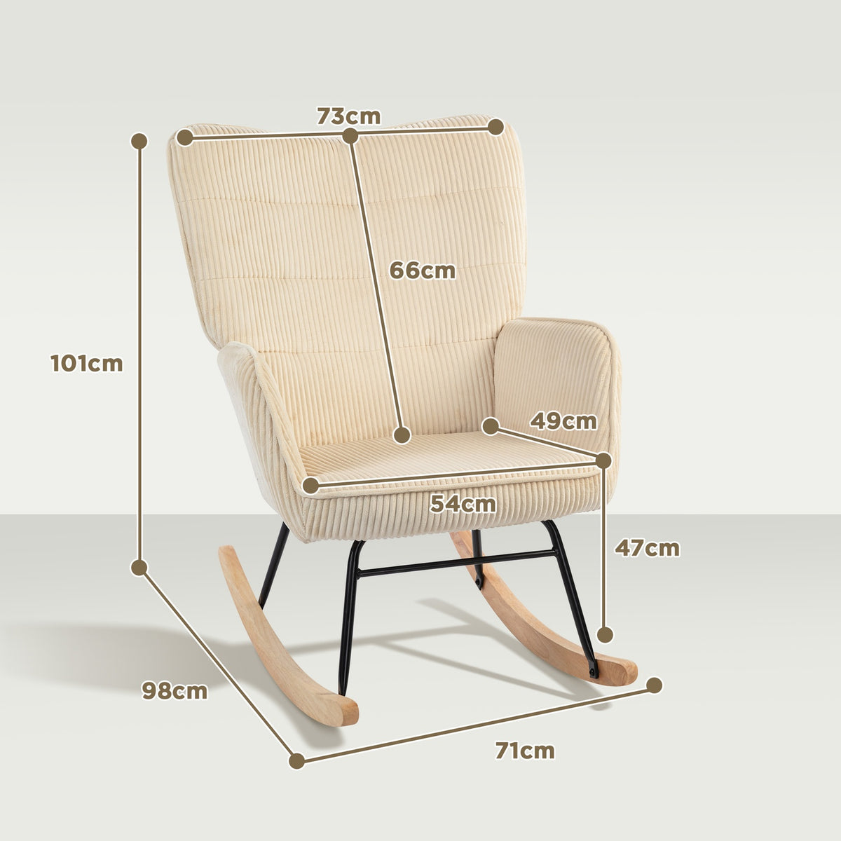 Rocking chair, rocking chair with cord look, armrest, armchair with wooden runners, relaxation chair for living room, bedroom, beige