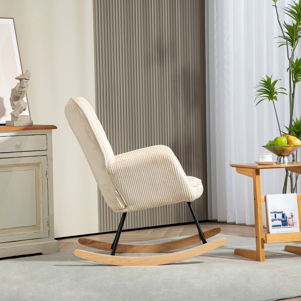 Rocking chair, rocking chair with cord look, armrest, armchair with wooden runners, relaxation chair for living room, bedroom, beige