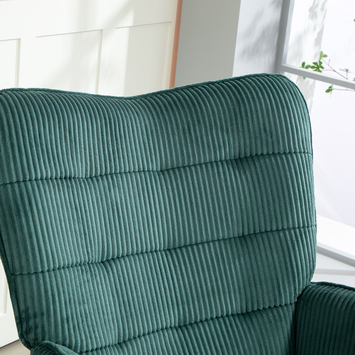 Rocking chair, rocking chair with cord look, armrest, armchair with wooden runners, relaxation chair for living room, bedroom, dark green