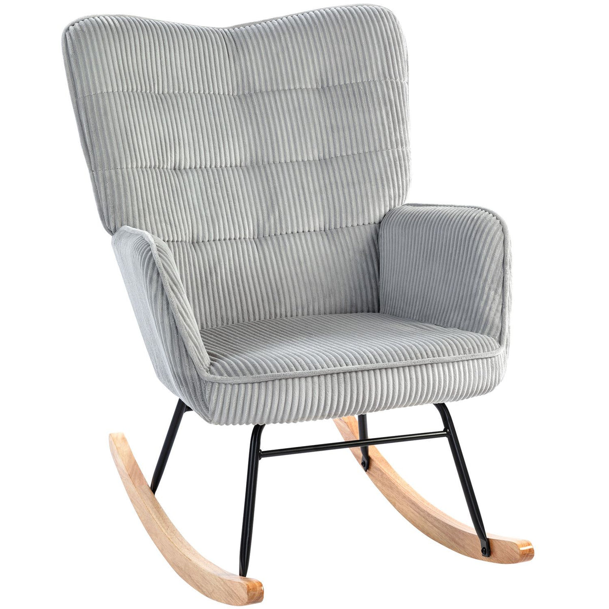 Rocking chair, rocking chair with cord look, armrest, armchair with wooden runners, relaxation chair for living room, bedroom, light gray