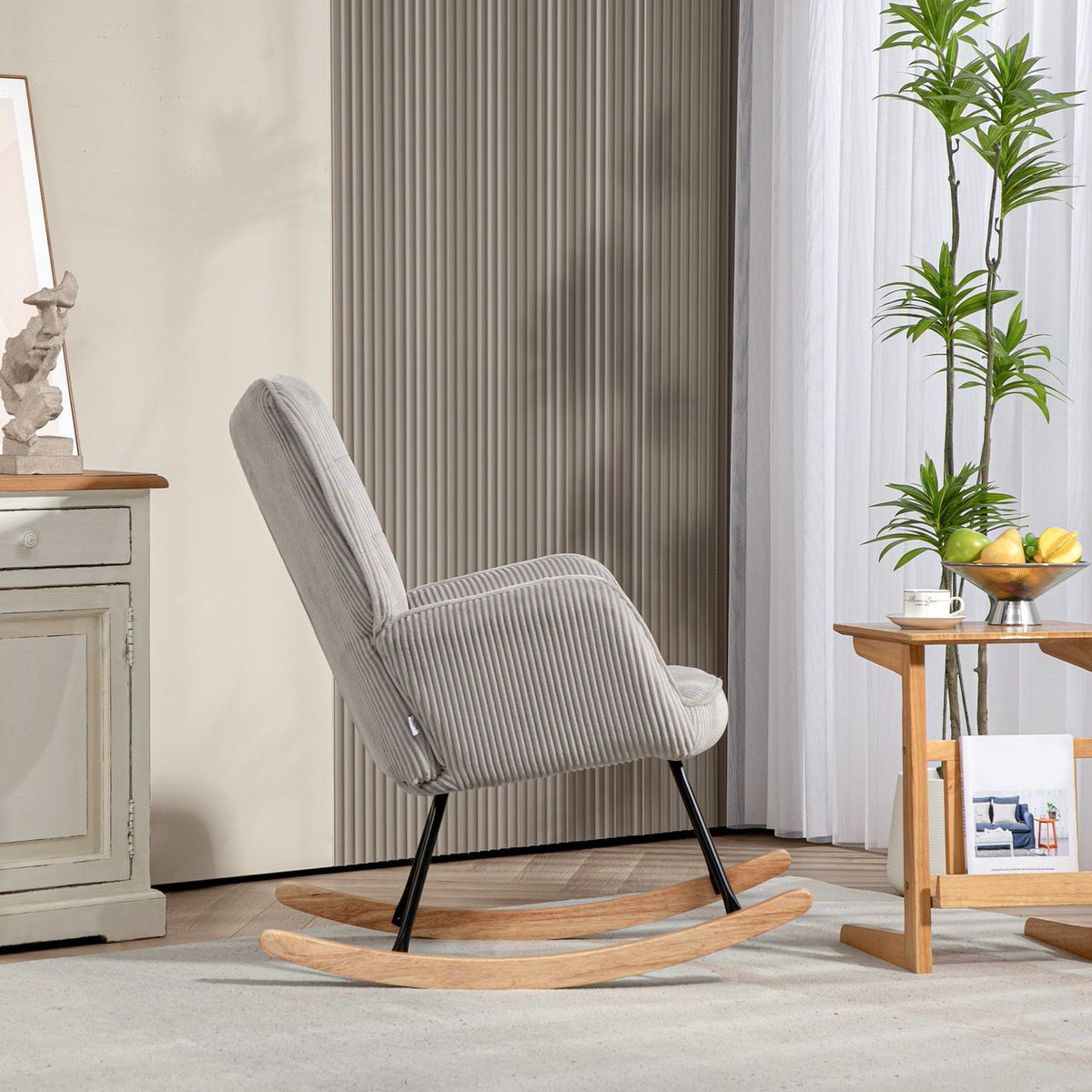 Rocking chair, rocking chair with cord look, armrest, armchair with wooden runners, relaxation chair for living room, bedroom, light gray