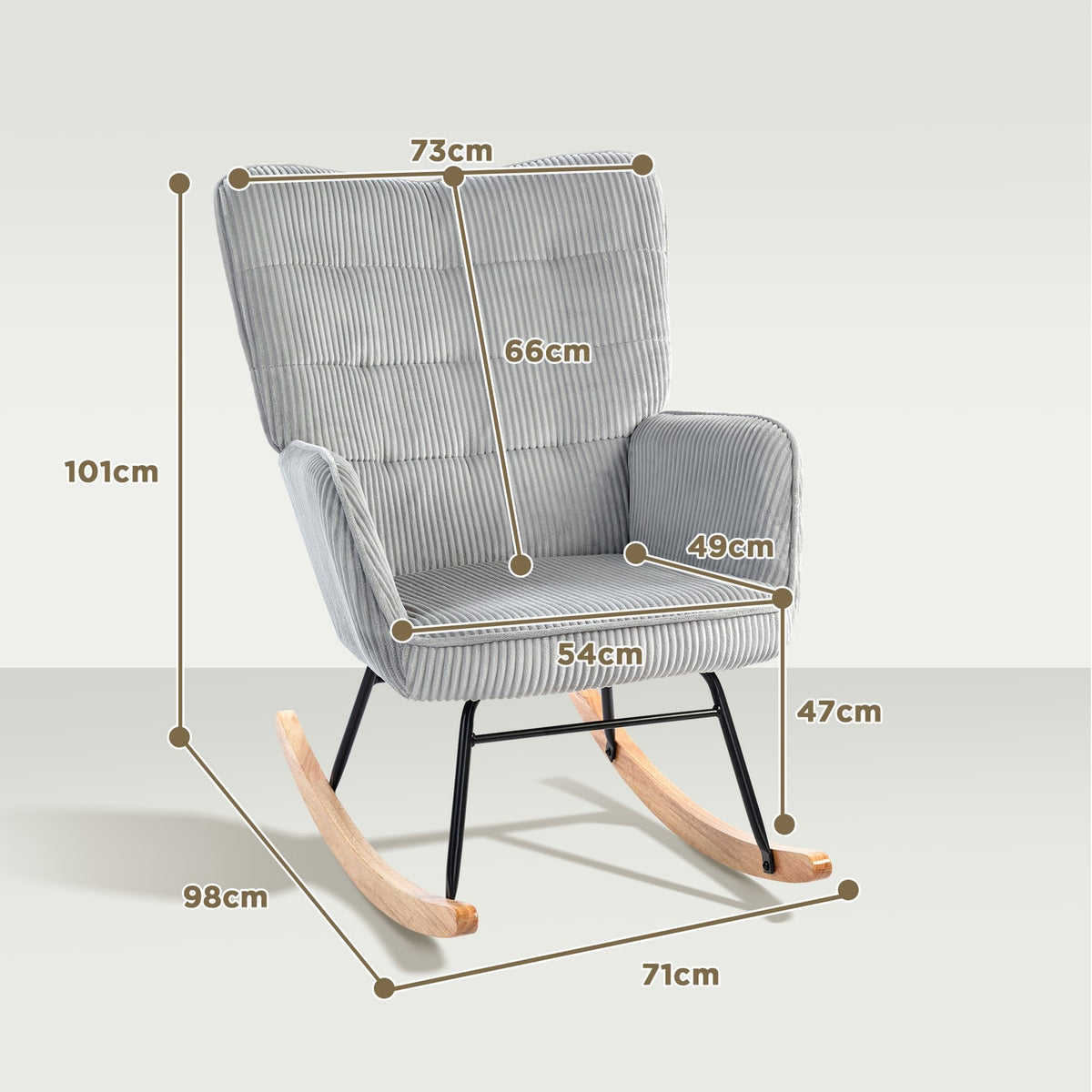 Rocking chair, rocking chair with cord look, armrest, armchair with wooden runners, relaxation chair for living room, bedroom, light gray