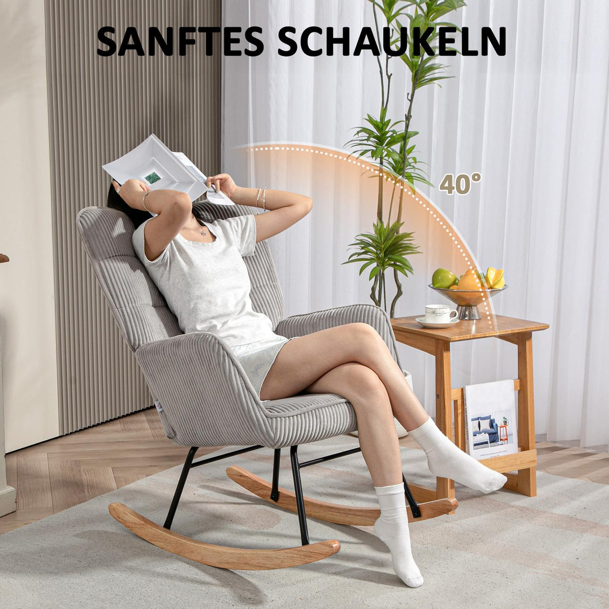Rocking chair, rocking chair with cord look, armrest, armchair with wooden runners, relaxation chair for living room, bedroom, light gray