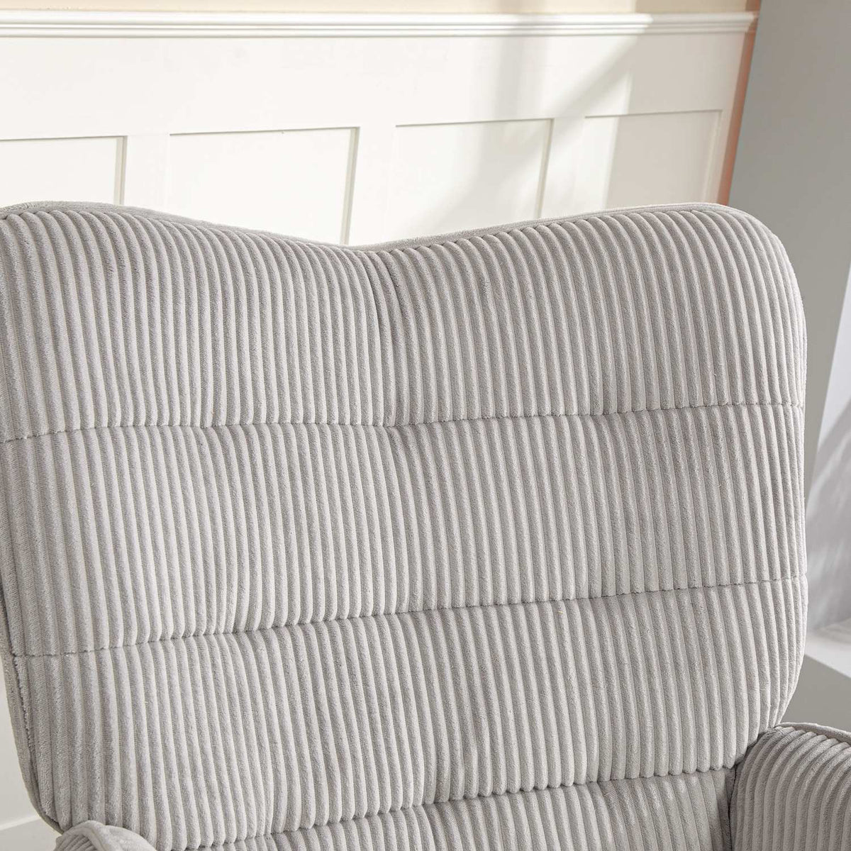 Rocking chair, rocking chair with cord look, armrest, armchair with wooden runners, relaxation chair for living room, bedroom, light gray