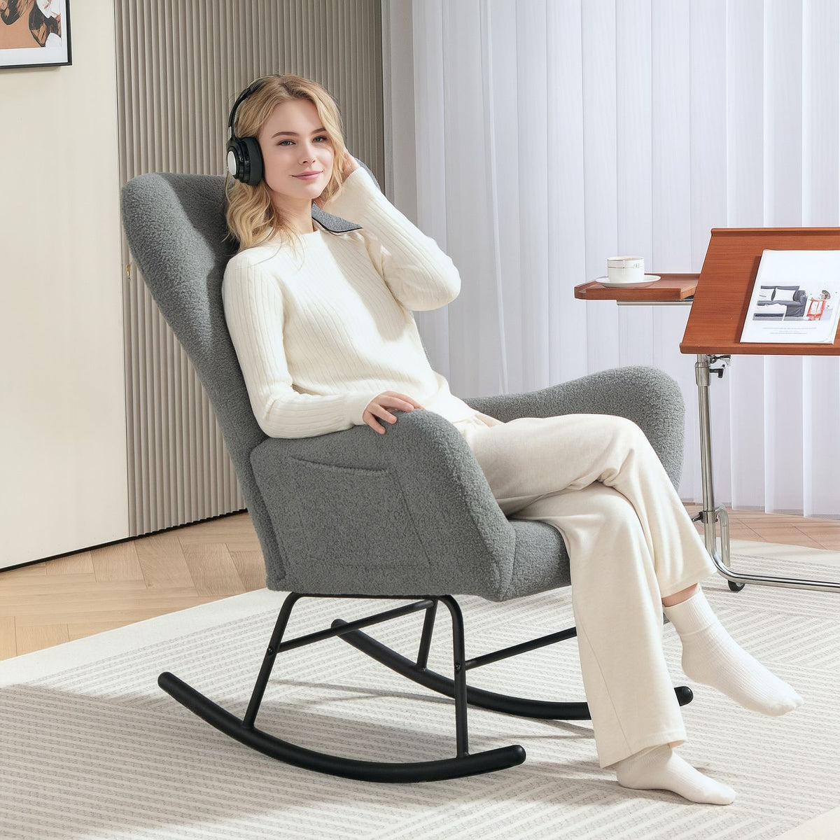 Rocking chair, rocking chair with teddy fabric look, armrest, nursing chair with wooden runners, lumbar cushion, relaxation chair with side pocket for living room, bedroom, gray