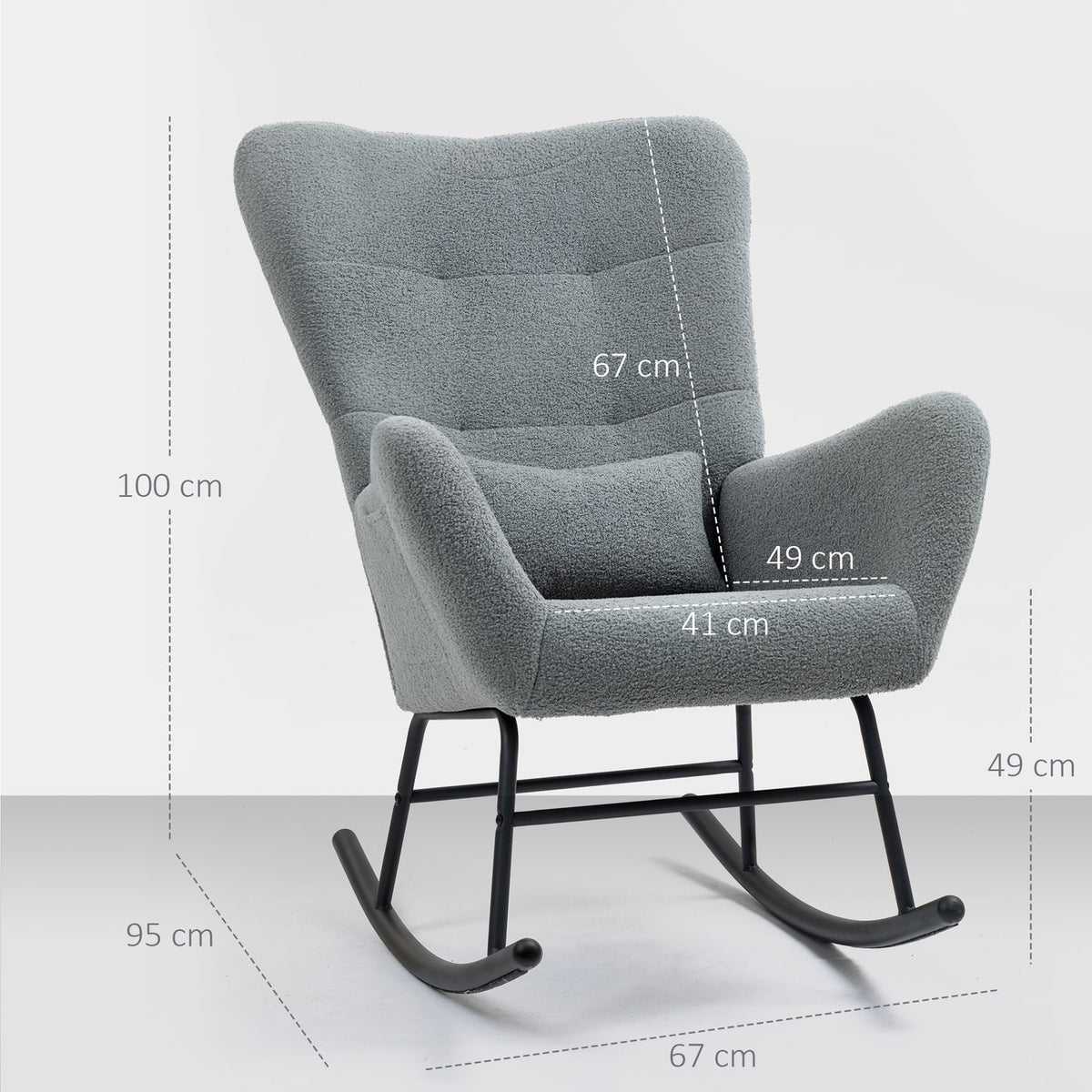 Rocking chair, rocking chair with teddy fabric look, armrest, nursing chair with wooden runners, lumbar cushion, relaxation chair with side pocket for living room, bedroom, gray