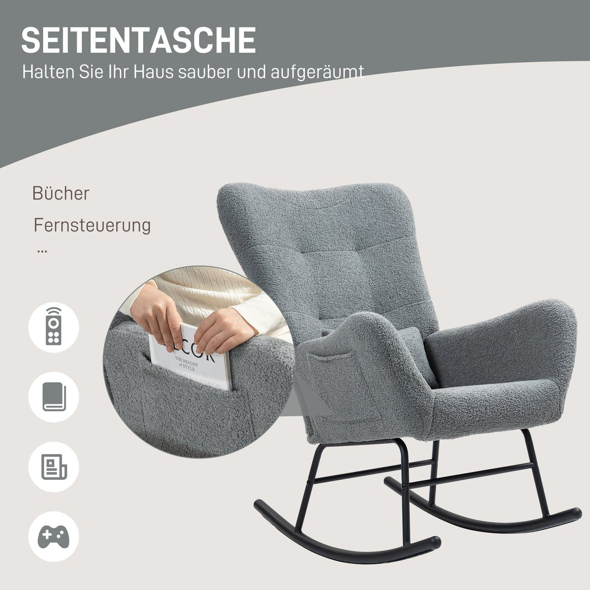 Rocking chair, rocking chair with teddy fabric look, armrest, nursing chair with wooden runners, lumbar cushion, relaxation chair with side pocket for living room, bedroom, gray