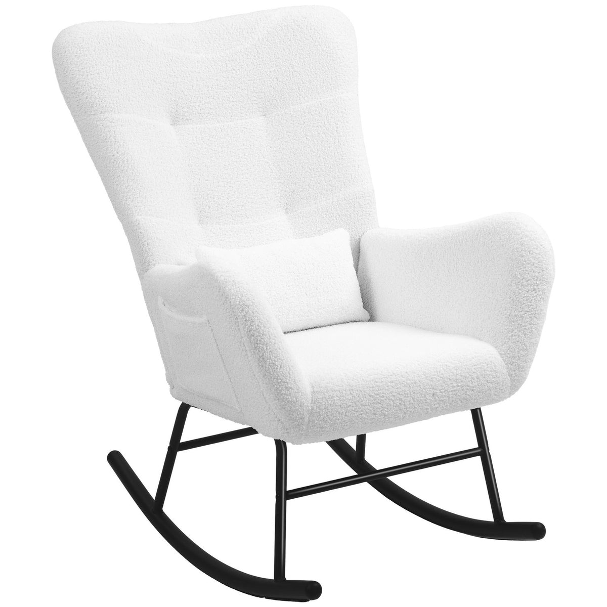 Rocking chair, rocking chair with teddy fabric look, armrest, nursing chair with wooden runners, lumbar cushion, relaxation chair with side pocket for living room, bedroom, white