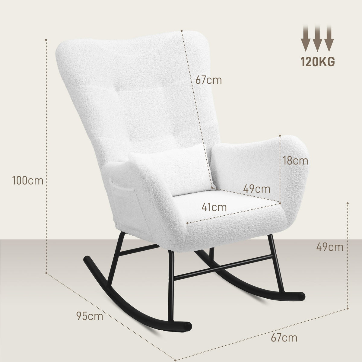 Rocking chair, rocking chair with teddy fabric look, armrest, nursing chair with wooden runners, lumbar cushion, relaxation chair with side pocket for living room, bedroom, white