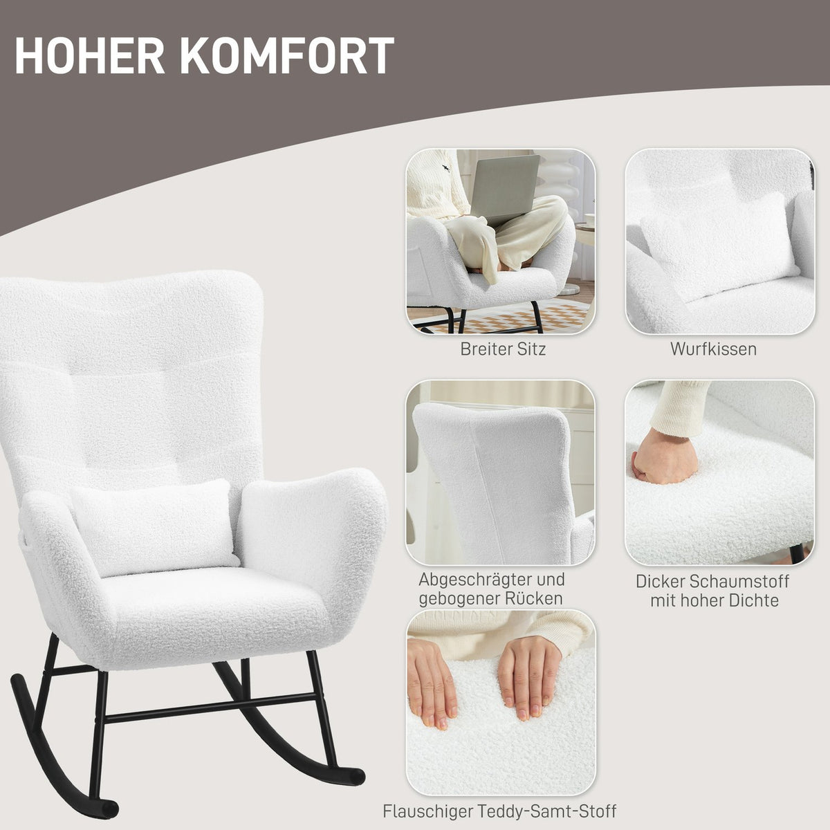 Rocking chair, rocking chair with teddy fabric look, armrest, nursing chair with wooden runners, lumbar cushion, relaxation chair with side pocket for living room, bedroom, white
