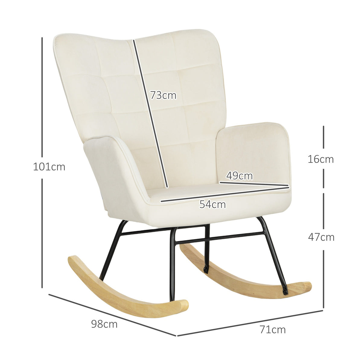 Rocking chair, rocking chair with velvet look, armrest, armchair with wooden runners, relaxation chair for living room, bedroom, beige