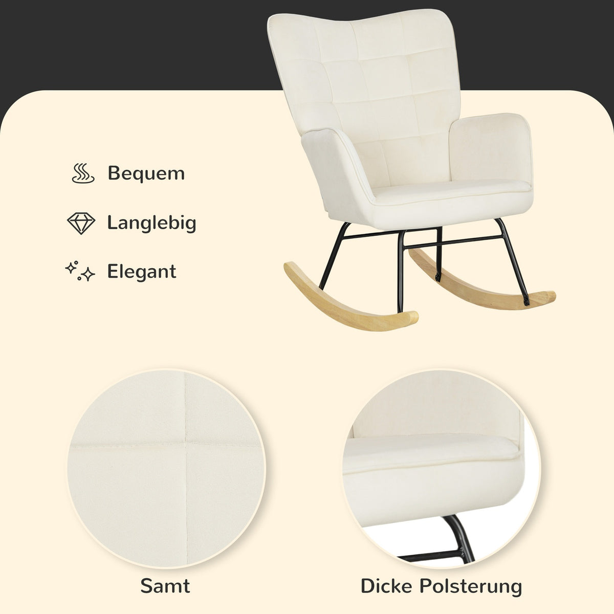 Rocking chair, rocking chair with velvet look, armrest, armchair with wooden runners, relaxation chair for living room, bedroom, beige