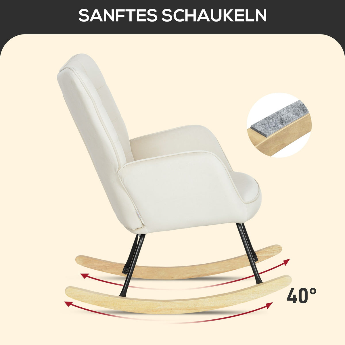 Rocking chair, rocking chair with velvet look, armrest, armchair with wooden runners, relaxation chair for living room, bedroom, beige