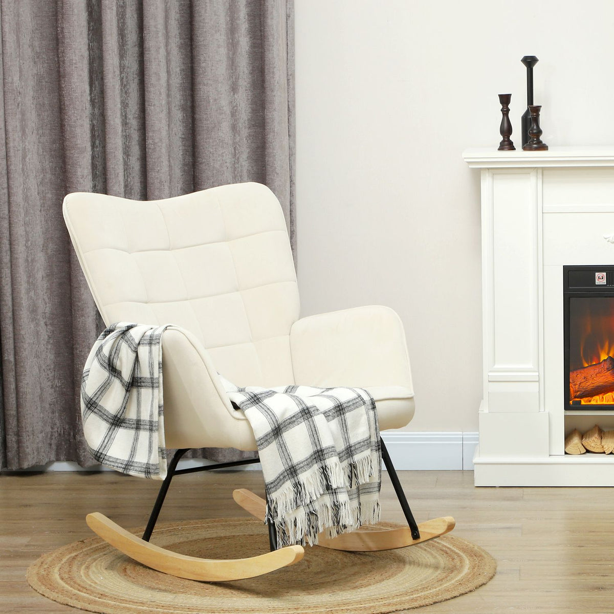 Rocking chair, rocking chair with velvet look, armrest, armchair with wooden runners, relaxation chair for living room, bedroom, beige
