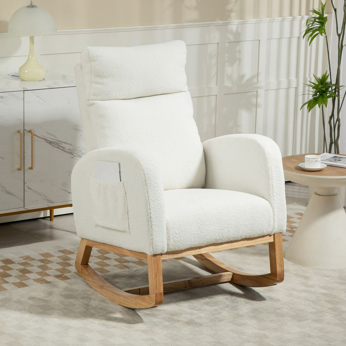 Rocking chair, swing chair, armchair, nursing chair with velvet look, rocking chair can hold up to 120 kg, for bedroom, living room, cream white
