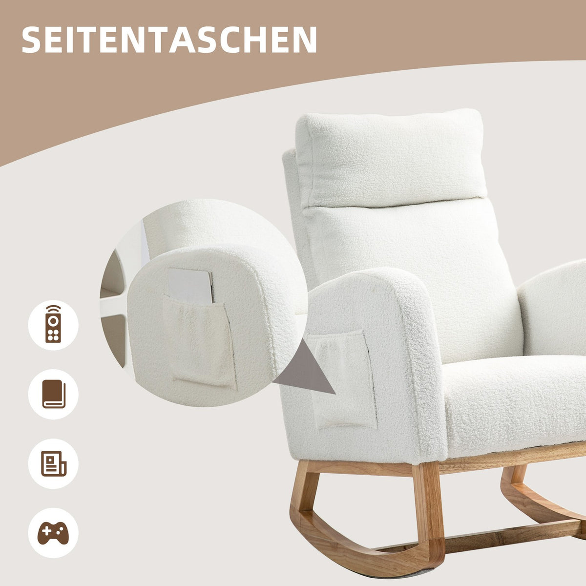 Rocking chair, swing chair, armchair, nursing chair with velvet look, rocking chair can hold up to 120 kg, for bedroom, living room, cream white