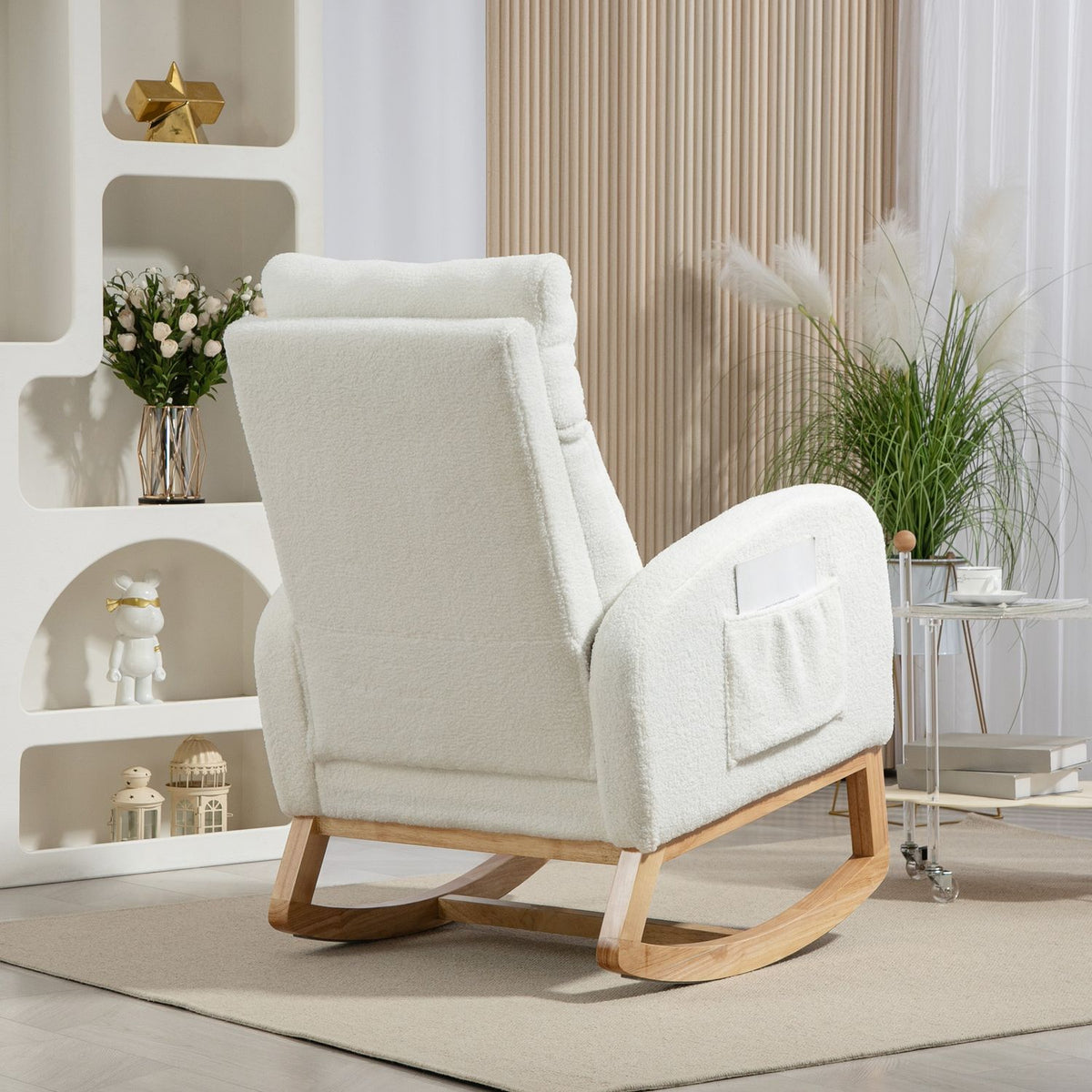 Rocking chair, swing chair, armchair, nursing chair with velvet look, rocking chair can hold up to 120 kg, for bedroom, living room, cream white