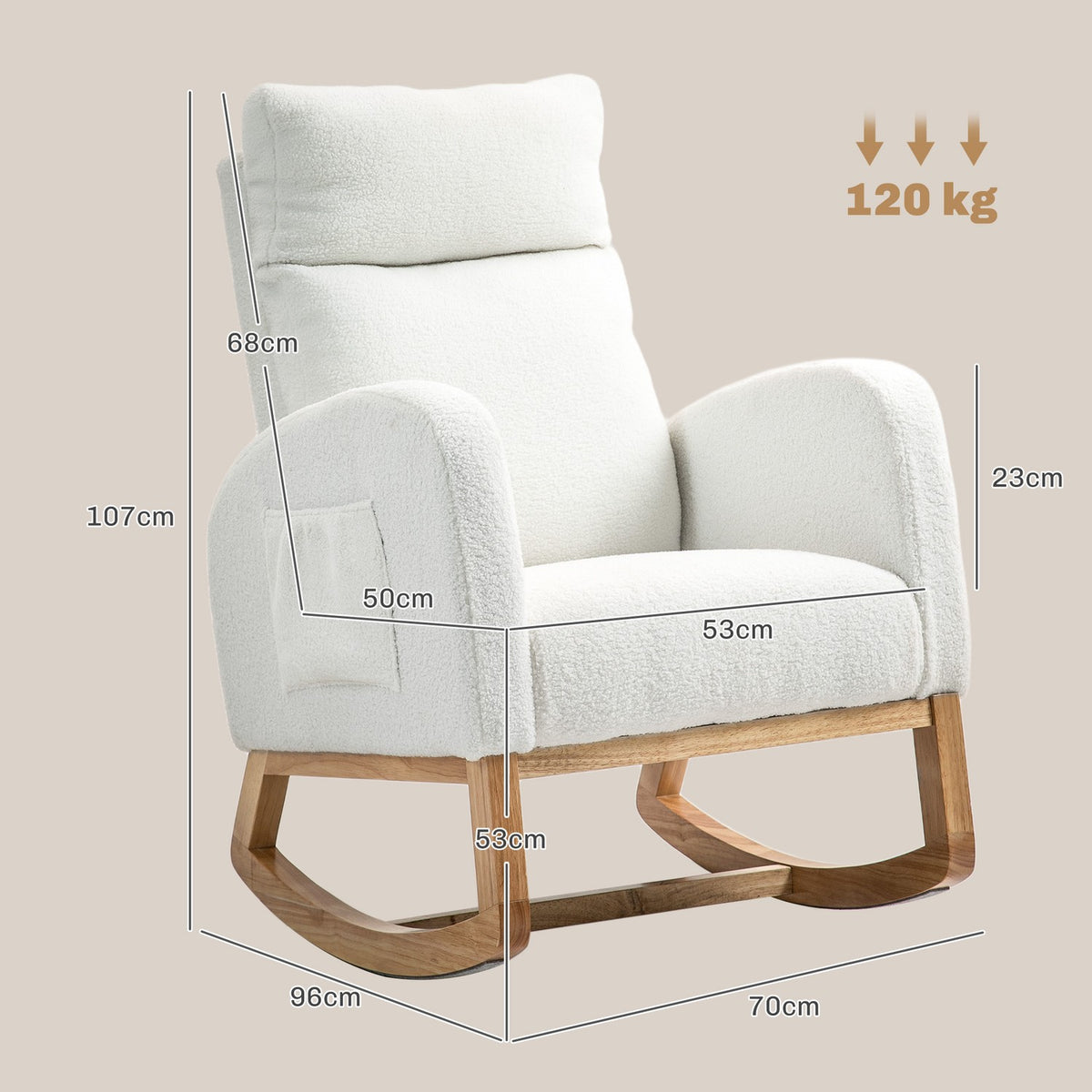 Rocking chair, swing chair, armchair, nursing chair with velvet look, rocking chair can hold up to 120 kg, for bedroom, living room, cream white